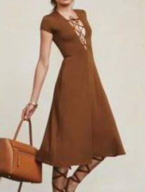 Reformation Sandy Lace Up Midi Dress Brown